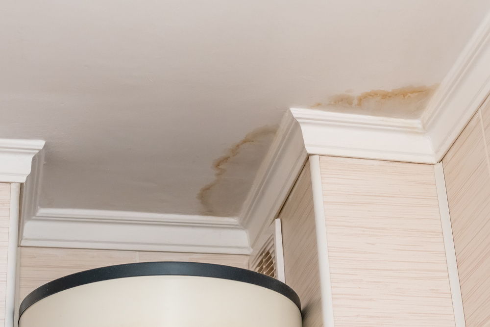 Brown water stains on ceiling from roof leak